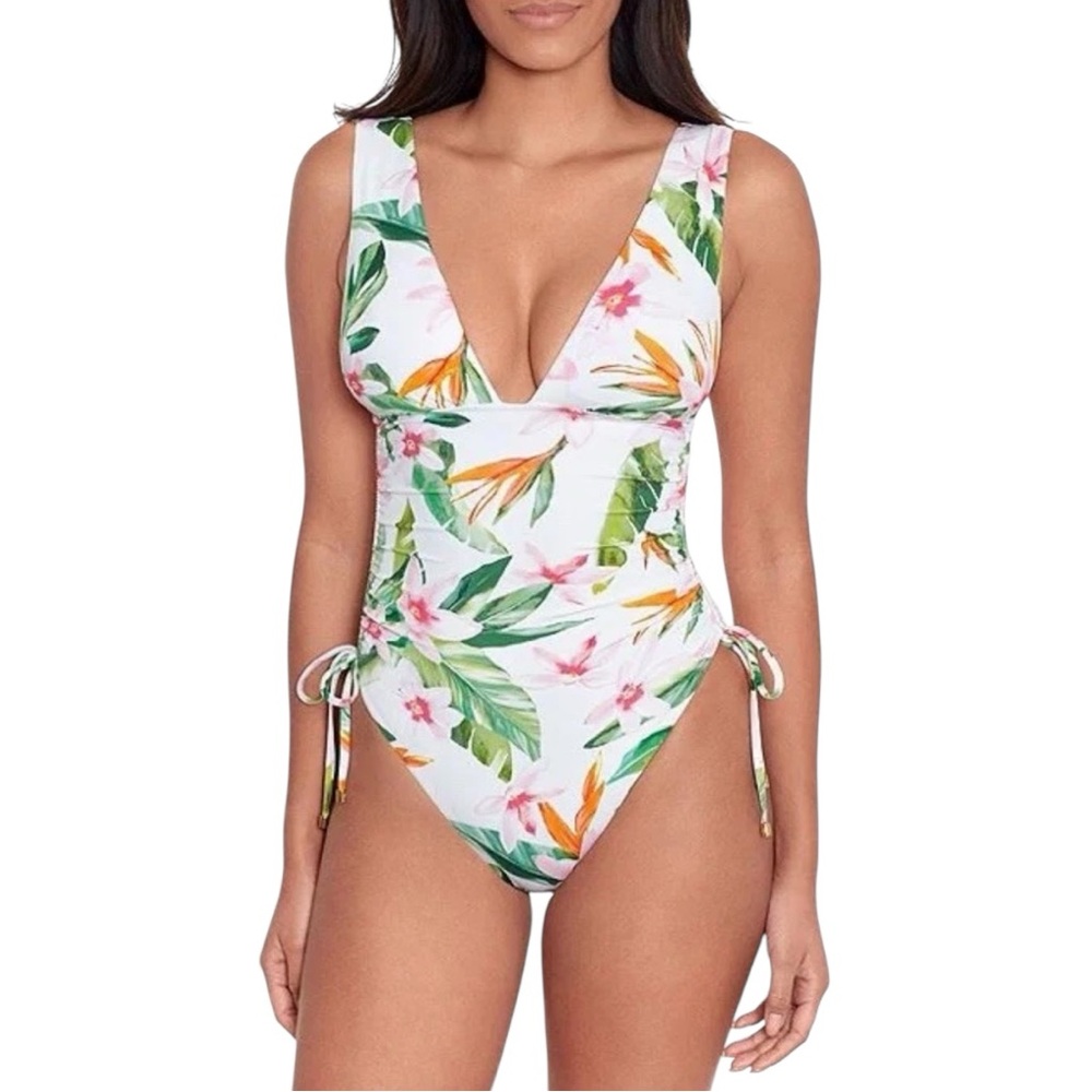 Lauren Ralph Lauren Tropical Floral Shirred Plunge One Piece Swimsuit SZ 14 NWT